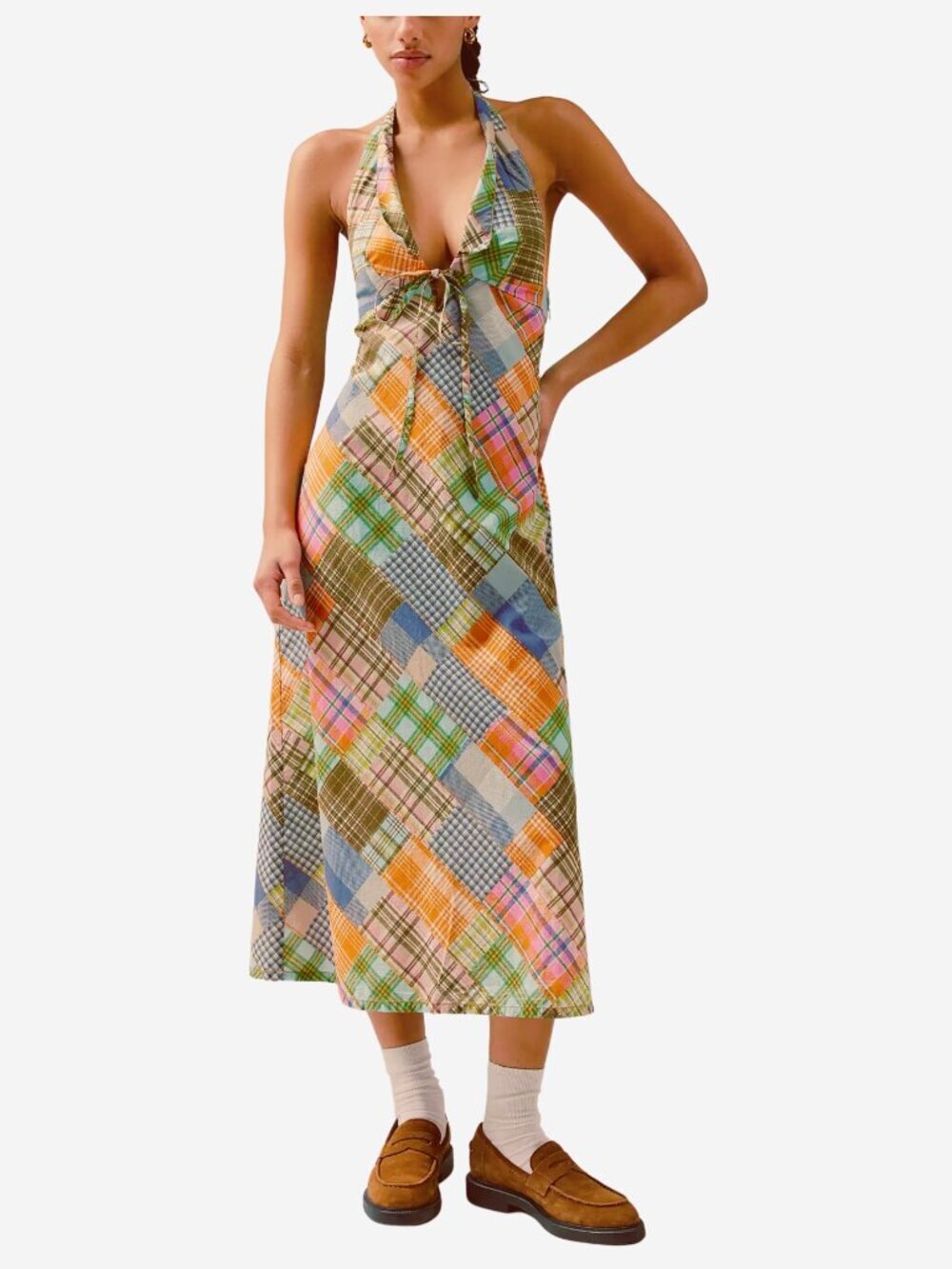 BDG Mixed Plaid Patchwork Halter Midi Dress from Urban Outfitters XS